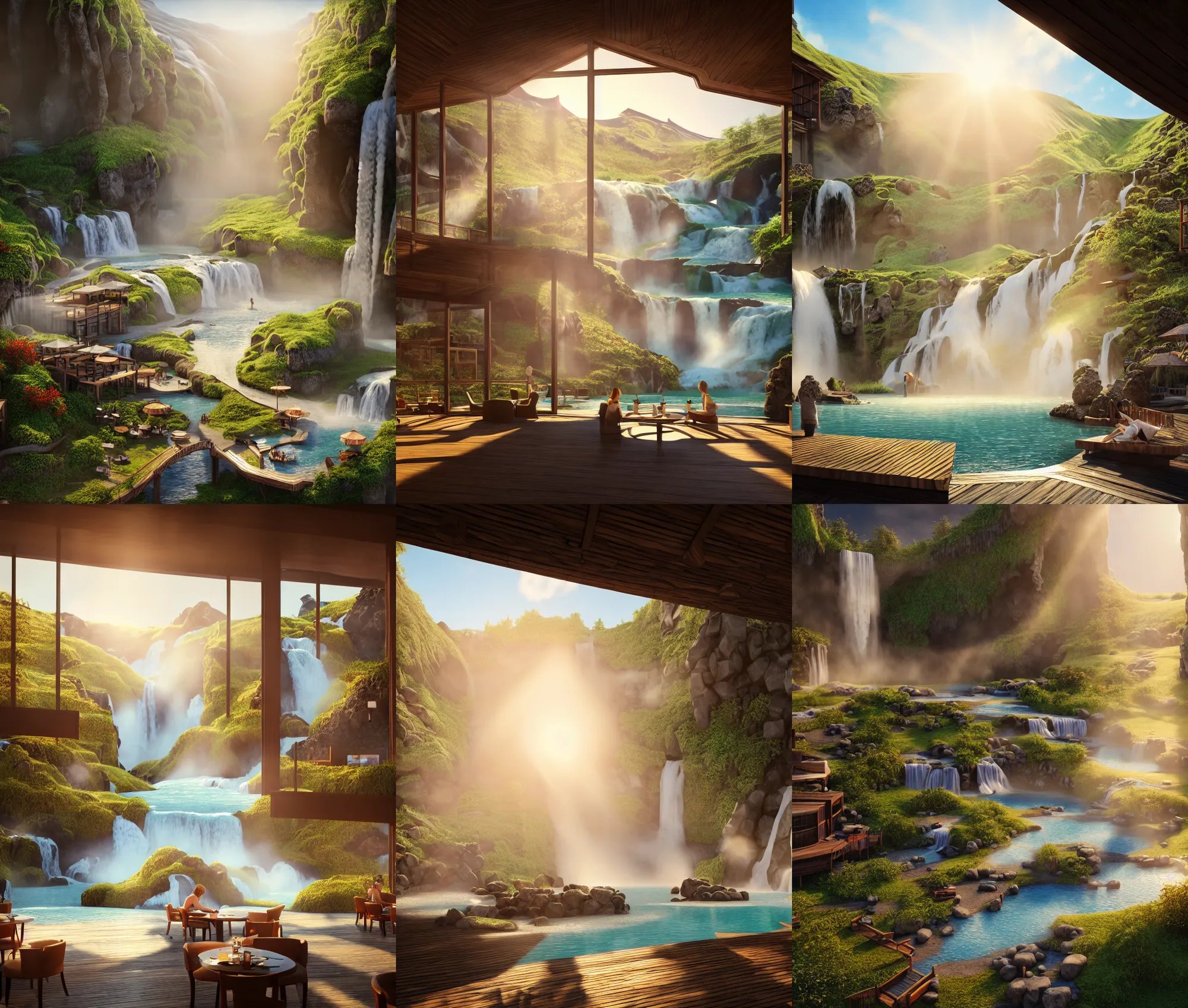 Prompt: establishing wide shot inside resort hotel, beside the combination of iceland hot springs and yangtze river waterfalls, sunny morning light, soft sunbeam, travel ad, digital concept art, artstation, 4 k, unreal engine, hyperrealism, detailed textures