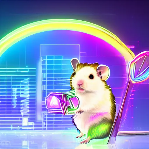 Image similar to cyberpunk hamster! holding rainbow! gem! crystal, neon lights, light reflection, 8 k, hd