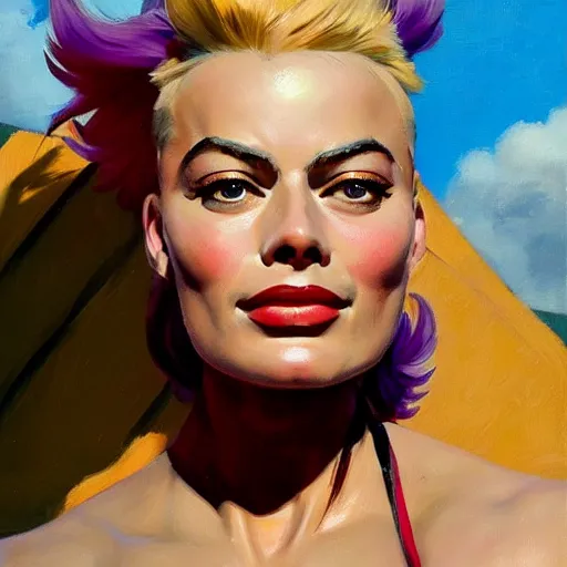 Image similar to greg manchess portrait painting of margot robbie as zarya from overwatch, medium shot, asymmetrical, profile picture, organic painting, sunny day, matte painting, bold shapes, hard edges, street art, trending on artstation, by huang guangjian and gil elvgren and sachin teng