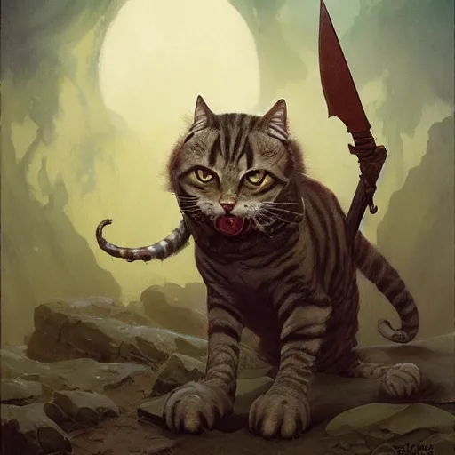 Image similar to ( ( ( full length portrait of a dark tabby tabaxi, halberd, breastplate ) ) ), d & d, tyler jacobson, greg rutkowski, frank frazetta, alexandre chaudret, boris vallejo, michael whelan, miro petrov, magali villeneuve, donato giancola