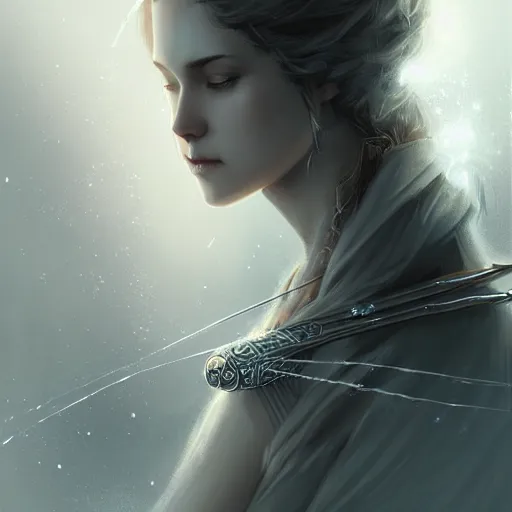 Image similar to beautiful extremely detailed intricate concept art depicting an archer by charlie bowater. shining jewelry. grey atmosphere. particles in the background. bcy. net