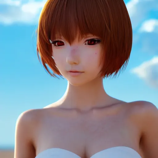 Image similar to Render of a very beautiful 3d anime girl, full body, long hair, hazel eyes, cute freckles, full round face, short smile, cute sundress, golden hour, serene beach setting, cinematic lightning, medium shot, mid-shot, highly detailed, trending on Artstation, Unreal Engine 4k, cinematic wallpaper