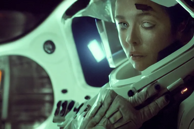 Image similar to VFX movie of a futuristic spaceman closeup portrait in high tech spaceship, beautiful natural skin neon lighting by Emmanuel Lubezki