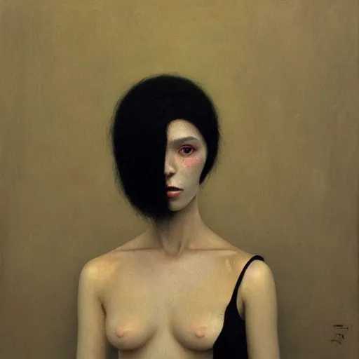 Prompt: portrait of young female in tuxedo with pale white skin and short black hairs, full body, painting by Beksinski