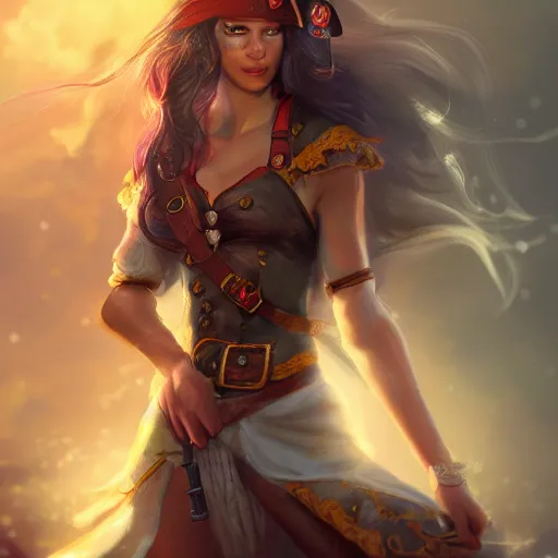 Image similar to beautiful young woman as a pirate captain, thunderstorm, diffuse lighting, full body, fantasy, intricate, highly detailed, lifelike, photorealistic, digital painting, artstation, illustration, concept art, smooth, sharp focus