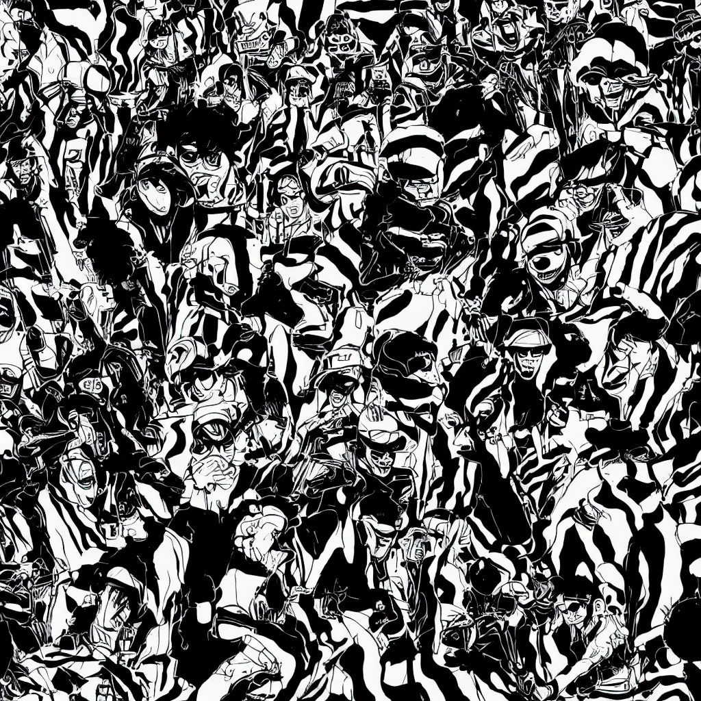 Prompt: faceless human figures, kazuo umezu artwork, jet set radio artwork, stripes, tense, space, cel - shaded art style, broken rainbow, ominous, minimal, cybernetic, monster soldiers, advanced tactical gear, dark, eerie, zebra stripes, crosswalks, guts, folds
