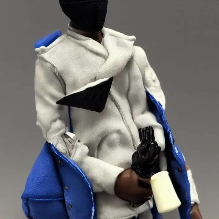 Image similar to a action figure of kanye west using a full face covering black mask, a small, tight, undersized reflective bright blue round puffer jacket made of nylon and big black balenciaga rubber boots, figurine, detailed product photo