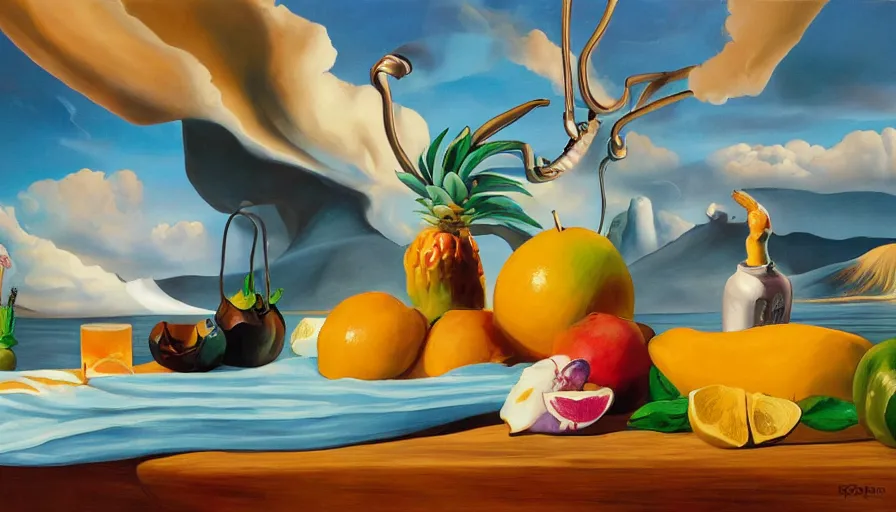 Image similar to RHADS, fever dream, Salvador Dali, fruit party, mural