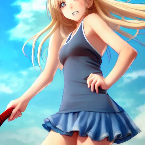 Image similar to a very beautiful young anime tennis girl, full body, head, long wavy blond hair, sky blue eyes, full round face, short smile, bikini, miniskirt, front view, full shot, highly detailed, cinematic wallpaper by stanley artgerm lau