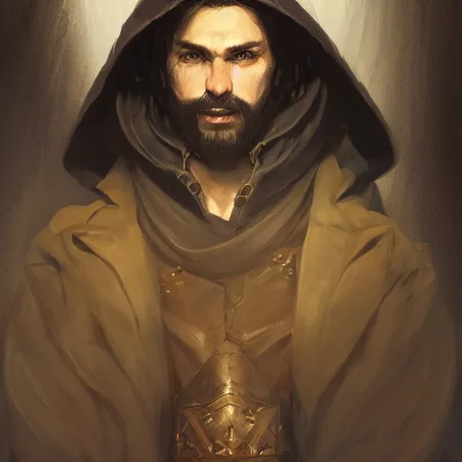 Prompt: portrait of a male rogue with short black hair and beard wearing brown clothes and a black hooded cloak, half body, fantasy, highly detailed, digital painting, artstation, concept art, character art, art by greg rutkowski and tyler jacobson and alphonse mucha