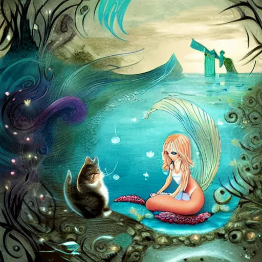 Prompt: a mermaid meets a kitten, fantasy illustration,