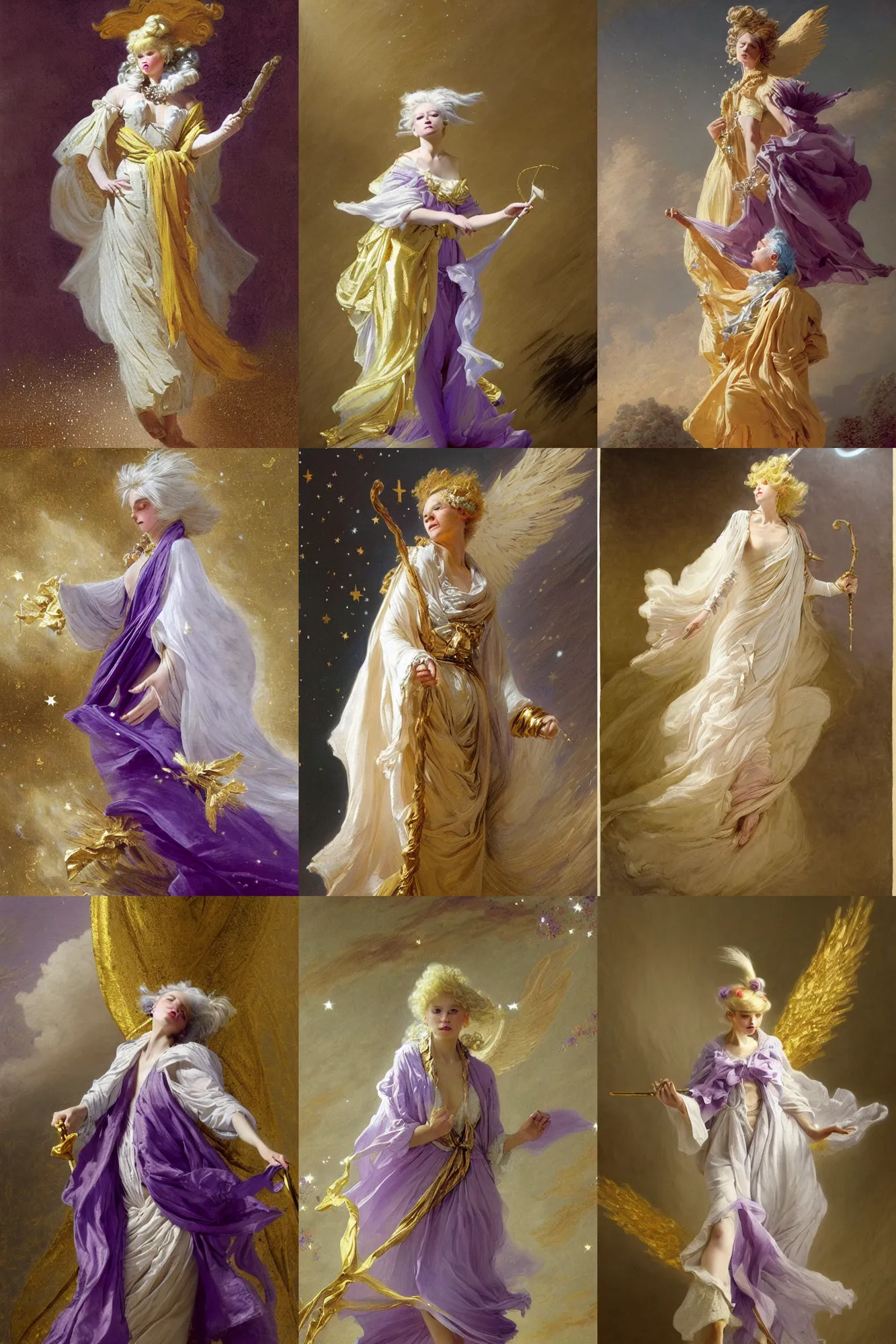 Prompt: an angel with long light white hair and a gold scarf, windy, cape, purple ribbons, stars, stoic, modern maximalist fashion dress, is ( ( holding a staff ) ). light dust, magnificent, hyperdetailed, theatrical, painted by jean honore fragonard and greg rutkowski and joseph christian leyendecker