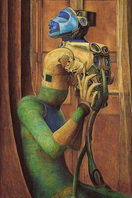 Prompt: the queen in her robot mask stands by the window at midnight , by Annie Swynnerton and Diego Rivera and Elihu Vedder, symbolist, dramatic lighting, elaborate geometric ornament, Art Brut, soft blues and greens,smooth, sharp focus, extremely detailed, Adolf Wölfli and Evelyn De Morgan