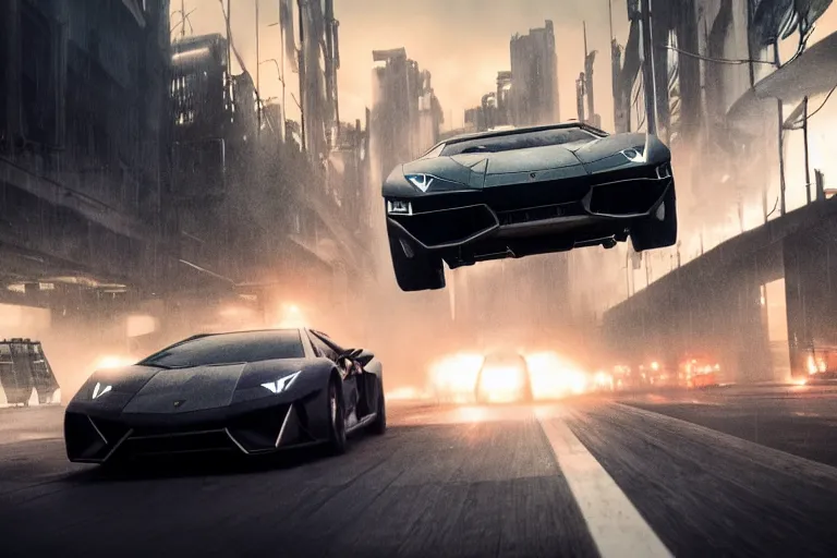 Image similar to A cinematic film still of a Lamborghini in the movie Blade Runner: 2049.