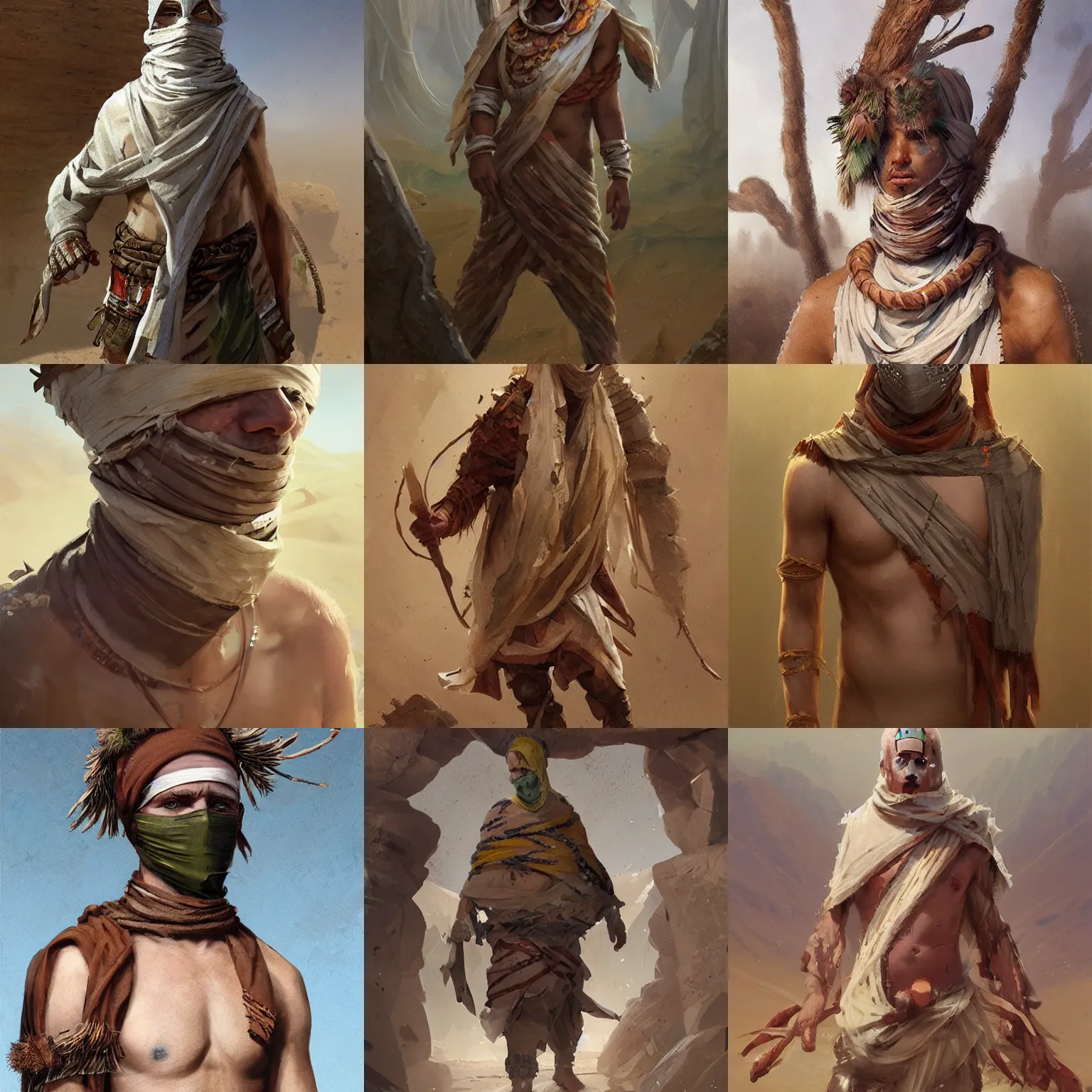 Prompt: a desert druid wearing bandages all over his body, full body, covered in bandages, masked, greg rutkowski