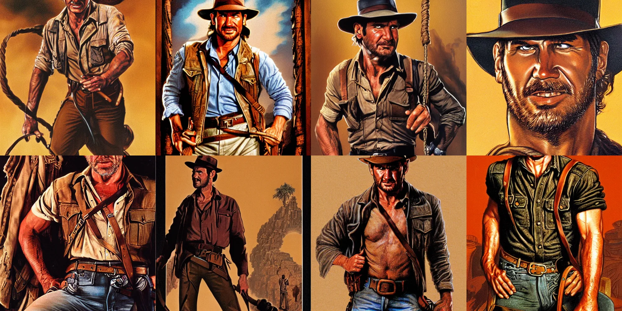 Prompt: zoomed out portrait of Indiana Jones, 1980, rugged, ripped clothes holding whip, Hildebrandt, Greg