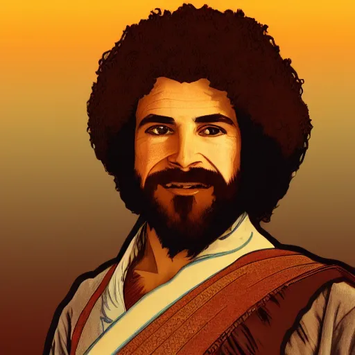 Prompt: an ultra detailed vector image of bob ross dressed as the prince of persia, concept art by alphonse mucha and greg rutkowski, bright red desert sands, bright yellow and red sun, octane render, praise the sun