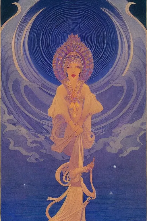 Image similar to queen of the night river, by Nicholas Roerich and jean delville and Maxfield Parrish, dramatic cinematic lighting , ornate headdress , lost civilizations, extremely detailed