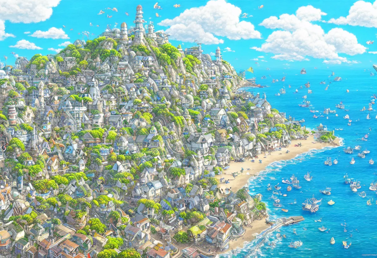 Image similar to a beautiful ultradetailed painting of a seaside town, sunny, studio ghibli sunlight, archdaily, wallpaper, highly detailed, trending on artstation