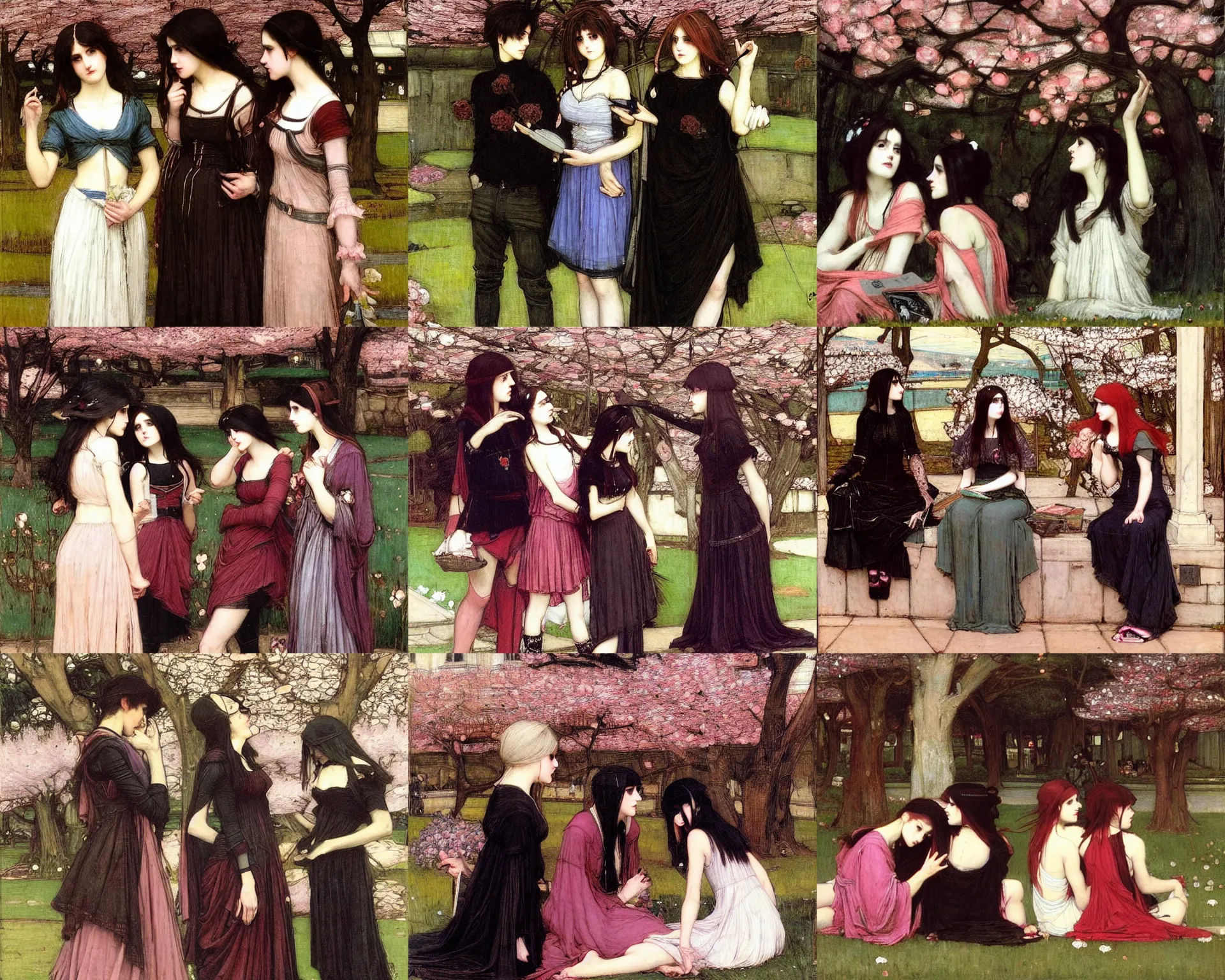 Prompt: art by john william waterhouse. three goths loitering in the shade, talking beneath a cherry blossom outside a blockbuster video store.