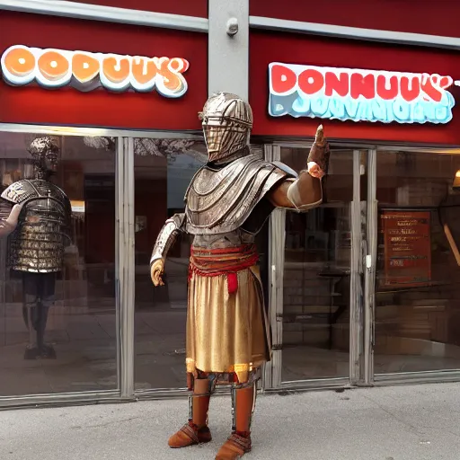 Image similar to cinematic shot of julius caesar wearing roman armor and standing outside of a dunkin donuts store, 8 k, very detailed, very intricate,