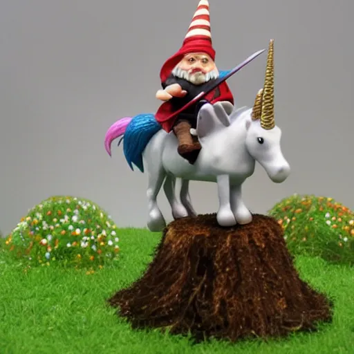 Image similar to a gnome riding a unicorn