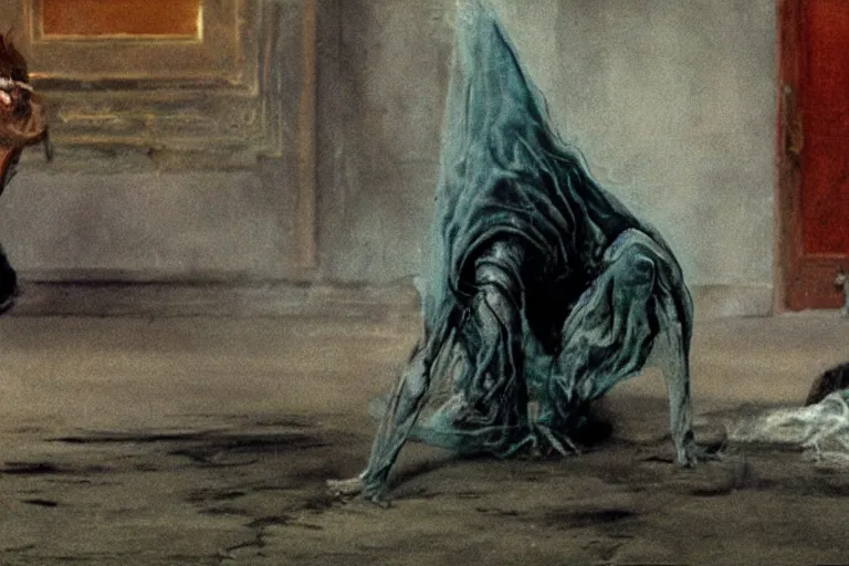 Image similar to ring wraith sniffing the ground, movie still, ultra realism, very detailed, style of francis bacon