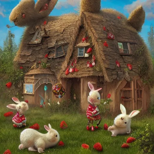 Image similar to fluffy bunnies playing outside their strawberry houses, lowbrow, matte painting, 3 - d highly detailed, style of greg simkins