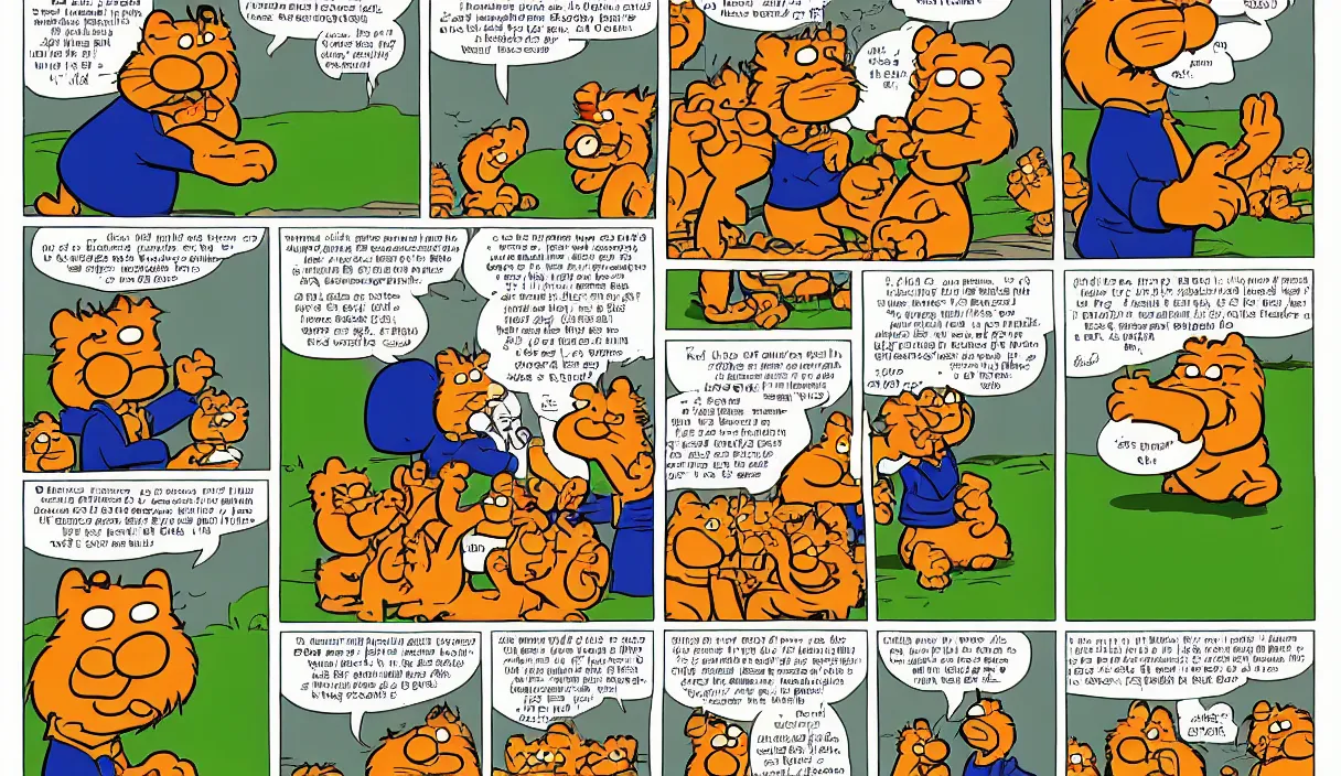 Image similar to garfield comic strip, 3 panels, illustrated by Jim Davis