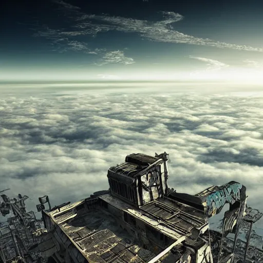 Image similar to ancient hi tech sci fi industrial superstructure standing above the clouds with an abandoned city on top, photograph, derelict, hyperrealism, megastructure