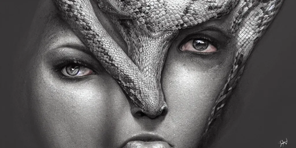 Prompt: centered detailed portrait of half snake half woman god, realistic character concept, scaly, lizard, rugged face, snake-like, beautiful sophisticated girl, identical eyes, gazing eyes, beautiful eyes medium shot, elegant pose, fantasy, illustration, slender symmetrical face and body, artstation, cinematic lighting, hyperdetailed, cgsociety, 8k, high resolution, Tom Richmond, single face, insanely detailed and intricate, octane render, golden ratio, dark fractal background, vfx, postprocessing, alluring.