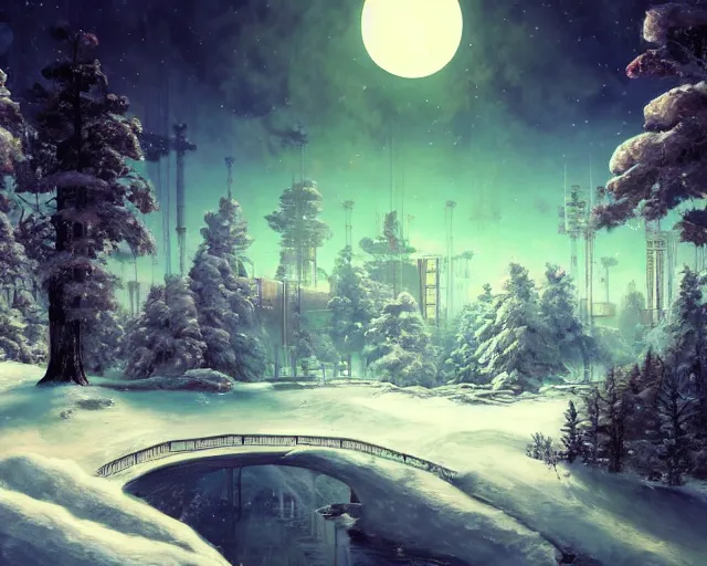 Image similar to scenery artwork, scene beautiful, light!! light essential cozy winter snow world snow and night, surrealism oil on canvas, artstation!! pixiv!! dream scenery, quality astral projection render, nier automata concept art, vaporwave textures