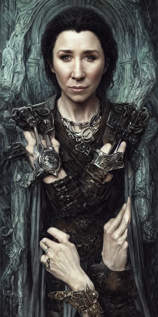 Prompt: sibel kekilli, thief, underworld boss, tattoos, crime, dungeons and dragons, fame of thrones masterpiece by edgar maxence and ross tran and michael whelan, gustav dore, 8 k, octane render