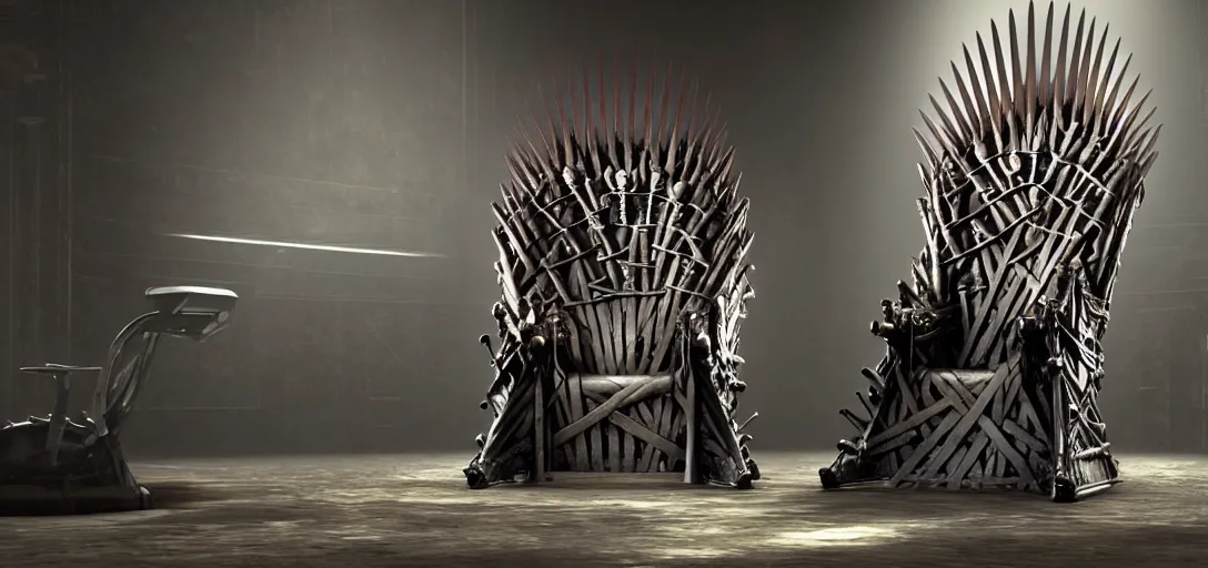 Image similar to a photorealistic render of a contemporary pc gaming chair that looks like the iron throne, led lights, glowing desktop pc, 8 k, artstation, volumetric lighting, smooth, highly detailed, octane render, by andres rocha and albert bierstadt and greg rutkowski