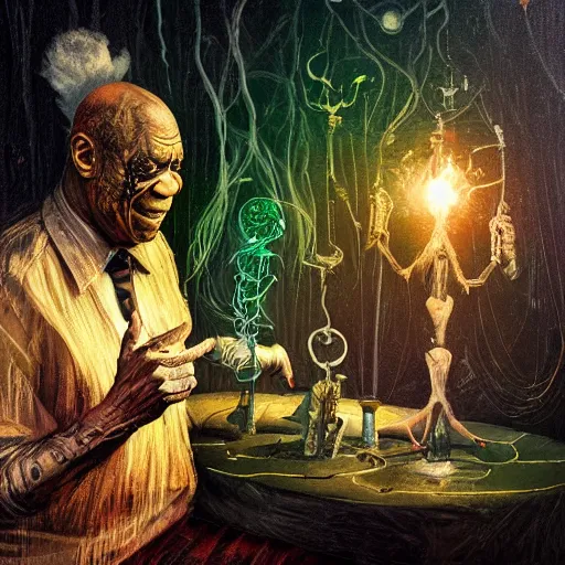 Image similar to a death tarot featuring bill cosby mixing drinks in a cyberpunk voodoo style by anton semenov and android jones and Alfred Munnings, oil on canvas