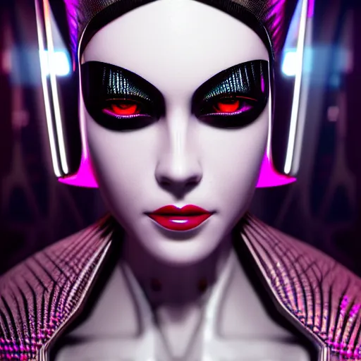 Image similar to evil cyberpunk queen inspired avant-garde art, deco fashion, highly detailed, photorealistic portrait, bright studio setting, studio lighting, crisp quality and light reflections, unreal engine 5 quality render