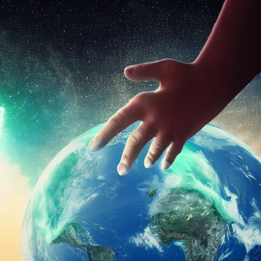 Image similar to Powerful god holding Earth in his hand, unimaginably huge, view from space, eautiful details, HDR, octane render