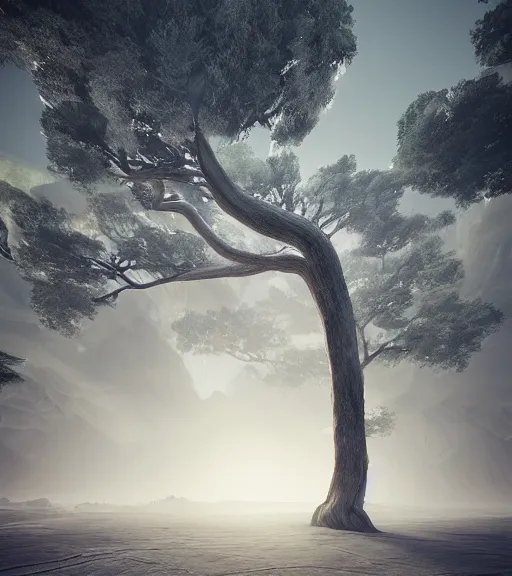 Prompt: surreal tree of snakes, vertical veins of white sand, ancient tree, octane render, unreal engine, foggy sky, wide angle, trending on artstation