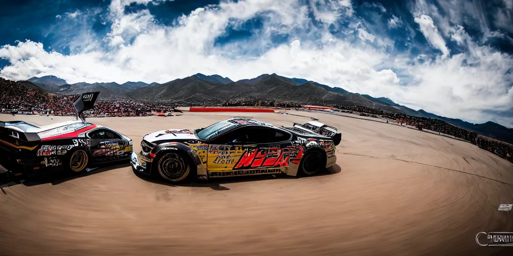 Image similar to A wide angle photograph of the hoonicorn mustang drifting Pikes Peak by Larry Chen , Canon, hoonigan, cinematic lighting, by Larry Chen, pikes peak, f18, f22, 4k