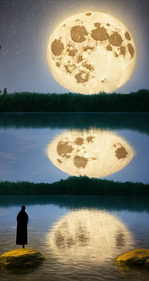 Prompt: beautiful digital painting of a robed figure standing at the side of a dark lake, looking at the reflection of the moon in the water realistic, colorful, highly detailed, unreal engine