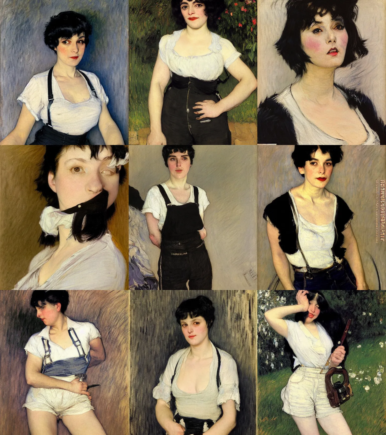 Prompt: a woman with black hair and long pixie haircut in shorts with suspenders and white t-shirt drawn by george bellows, gustave caillebotte, Alexandre Cabanel, norman rockwell, giovanni boldini, maler collier, peter paul rubens, alphonse mucha, gustav klimt 4k, unreal 5, DAZ, french noveau, trending on artstation, octane render, hyperrealistic