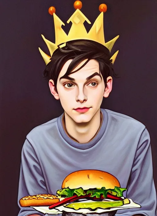 Image similar to oil painting, teenage jughead jones, wears a light grey crown, and devours a hamburger, wearing a light grey crown, intricate, elegant, closed eyes, highly detailed, pinocchio nose, lighting, painting, artstation, smooth, illustration, art by greg rutowski and alphonse mucha