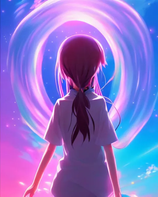 Image similar to anime style, vivid, expressive, full body, 4 k, painting, a cute magical girl with a long wavy black hair, stunning, realistic light and shadow effects, centered, simple background, studio ghibly makoto shinkai yuji yamaguchi