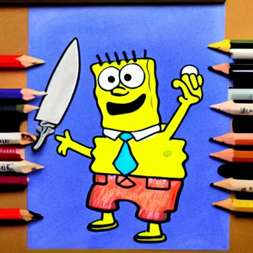 Image similar to crayon drawing of spongebob squarepants holding a kitchen knife