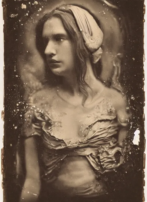 Prompt: old wetplate daguerreotype portrait of lady justice, explosion of data fragments, fractal, intricate, elegant, highly detailed, parallax, leica, medium format, subsurface scattering, portrait, elegant, highly detailed, matte painting, by stanley spencer