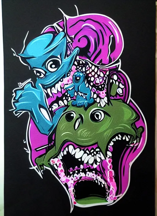 Image similar to beautiful graffiti monsters on black background paper