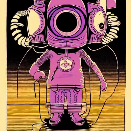 Image similar to Illustrated by Shepard Fairey and Moebius | Cyberpunk cute kitty with VR helmet, surrounded by cables