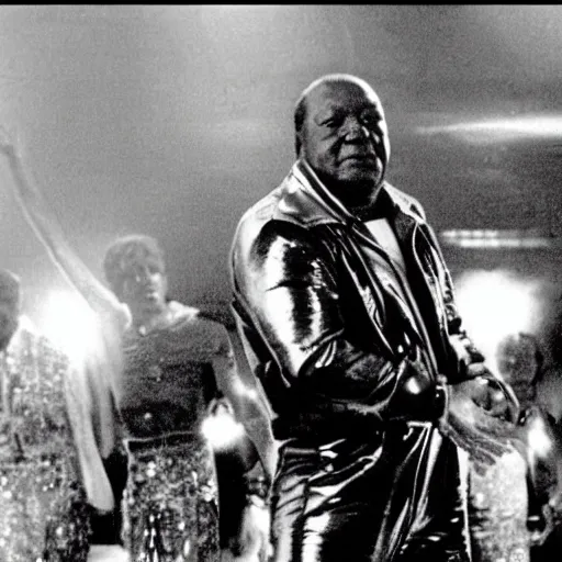 Image similar to A movie still of Idi Amin wearing a disco suit in Satuday Night Fever