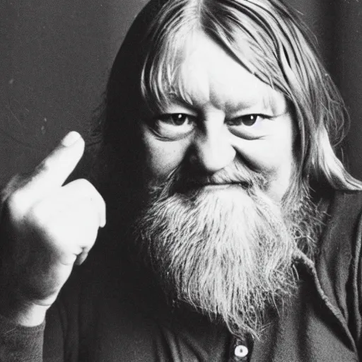 Image similar to robert wyatt sitting and proudly holding a gremlin