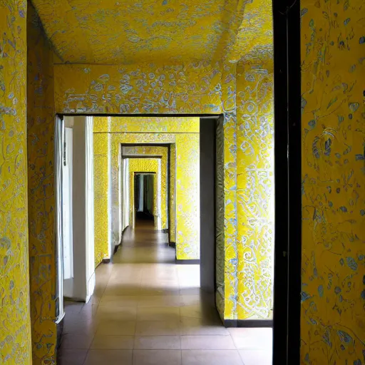 Prompt: corridors that go on forever, yellow wallpaper